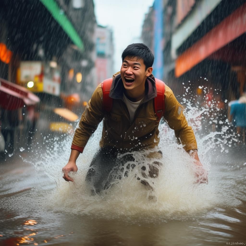 成都男子暴雨街頭沖浪，另類冒險的歡笑與感悟